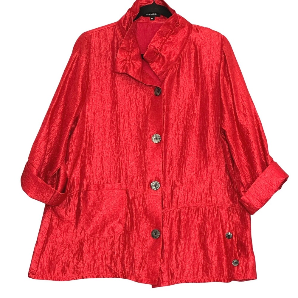 Damee Women Jacket Top M Red Crinkle Texture Oversized Artsy Lagenlook Statement